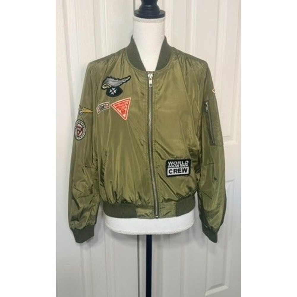 POETRY Bomber Jacket Womens M Olive Green Patch Military Flight Jacket Full Zip